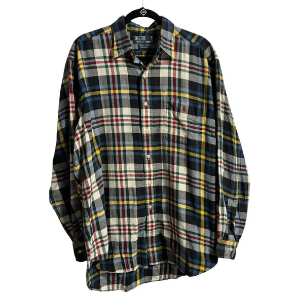 VTG Polo Ralph Lauren Men‎ ‘s Shirt L Lowell Sport Heavy Knit Flannel Plaid Pony - Picture 1 of 6